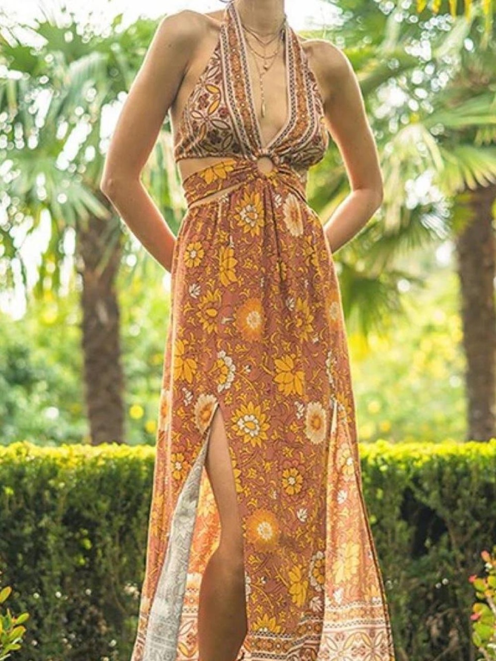 ILLA ILLA Rust and Yellow Floral Halter Maxi Dress